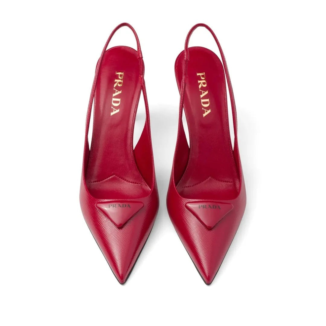 PRADA SPAZZOLATO TRIANGLE LOGO SLINGBACK PUMPS ANANAS RED – Cassiela