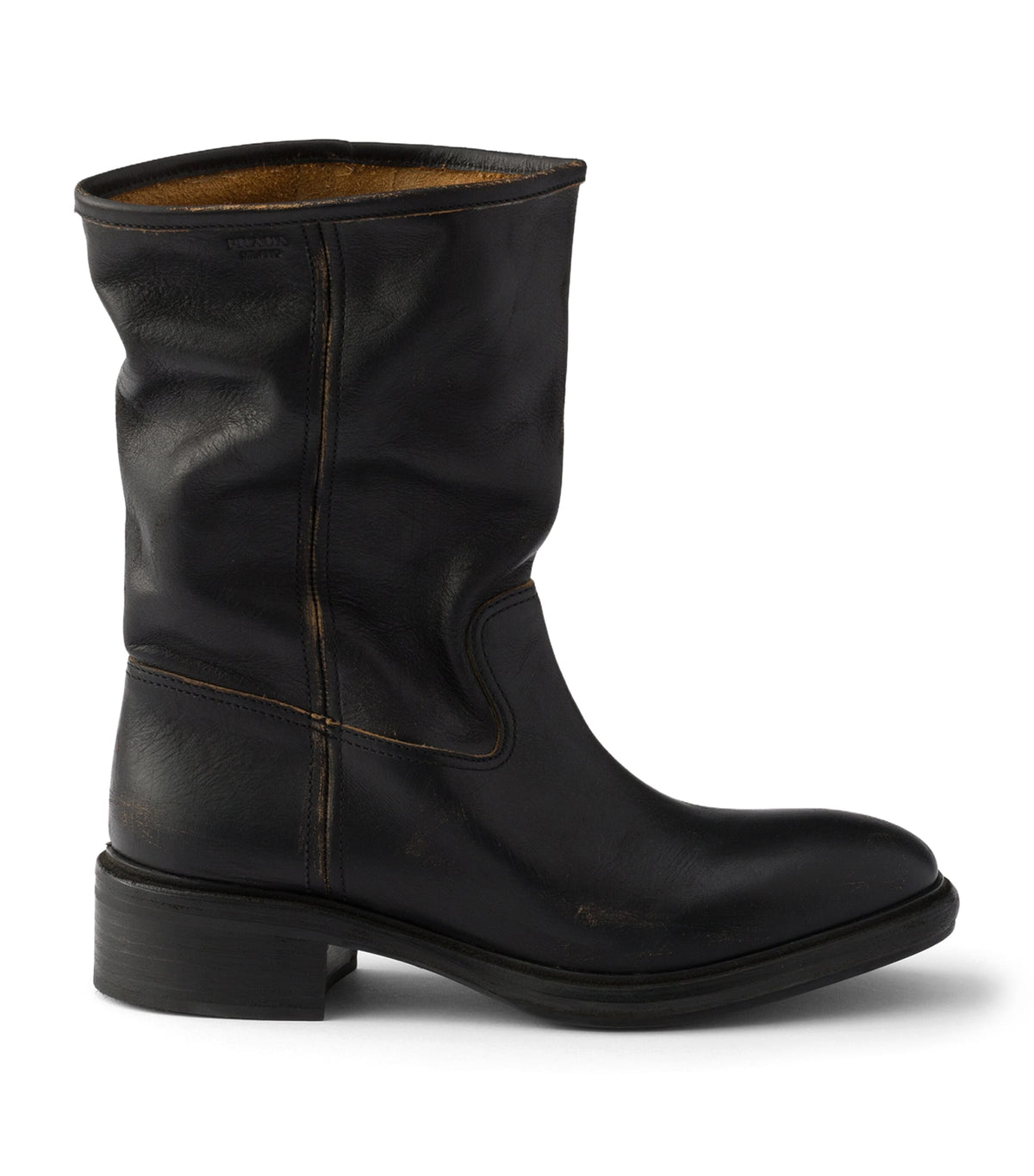 Prada Leather Vintage-Effect Mid-Calf Boots 30