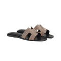 Hermès Hermes Calfskin Canvas Oran Sandal Noisette Beige Dore - Black with Crystals