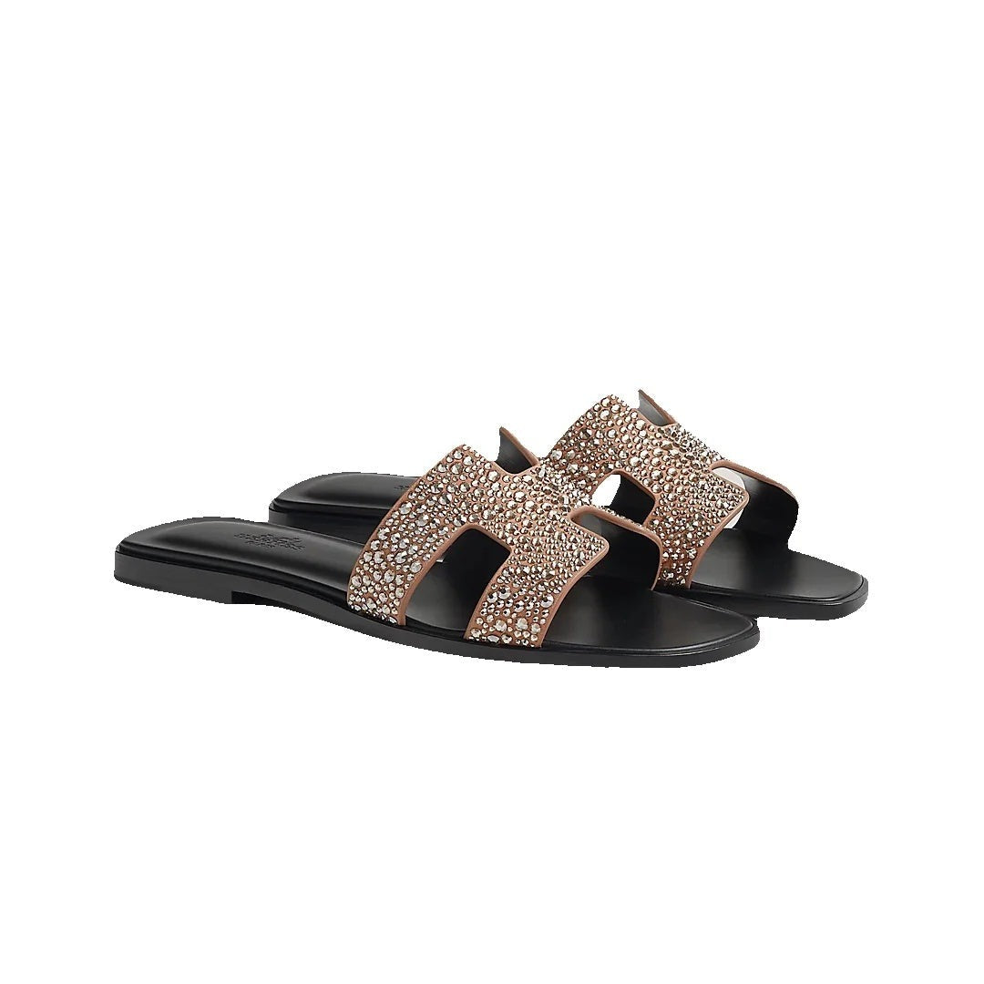 Hermès Hermes Calfskin Canvas Oran Sandal Noisette Beige Dore - Black with Crystals