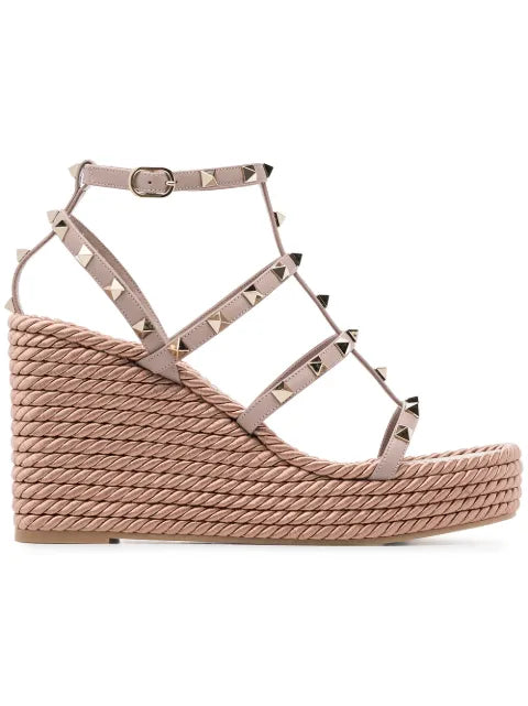Valentino Garavani Rockstud ankle strap wedge sandal in calfskin leather 95 mm