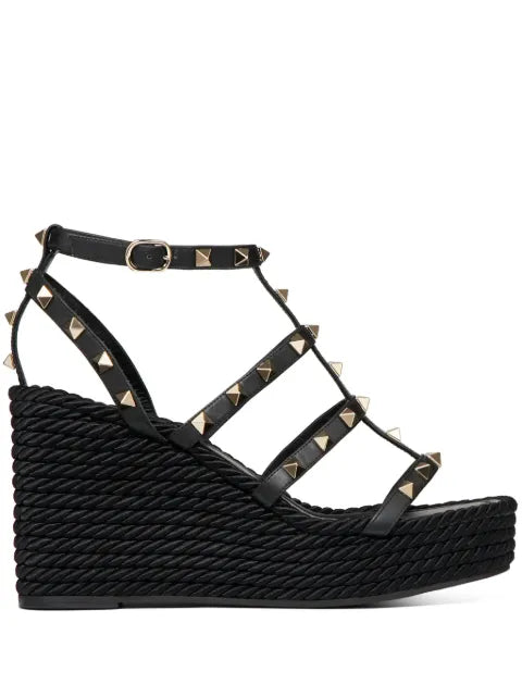 Valentino Garavani Rockstud ankle strap wedge sandal in calfskin leather 95 mm