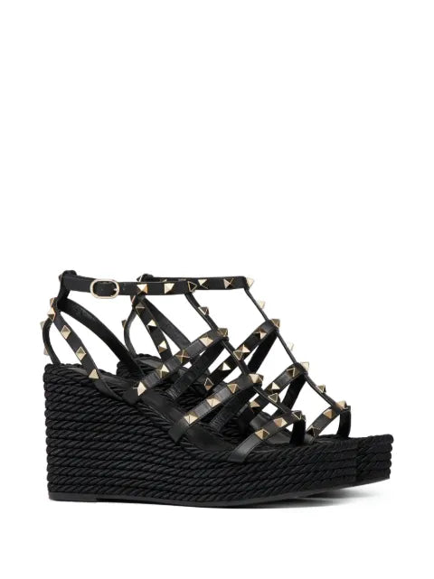 Valentino Garavani Rockstud ankle strap wedge sandal in calfskin leather 95 mm