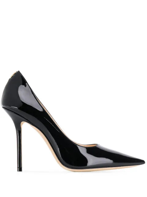 Jimmy Choo Love 100 black patent-leather pointed-toe pumps with JC emblem