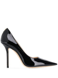 Jimmy Choo Love 100 black patent-leather pointed-toe pumps with JC emblem