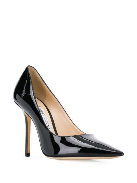 Jimmy Choo Love 100 black patent-leather pointed-toe pumps with JC emblem