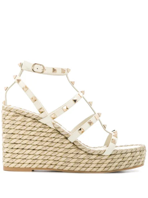 Valentino Garavani Rockstud calfskin wedge sandal with straps 95 mm