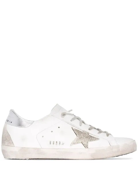 Golden Goose Super-Star trainers with silver heel tab and metal stud lettering