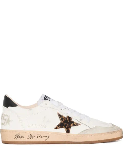 Golden Goose Ball Star trainers with leopard print pony skin star and black heels tab
