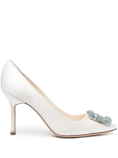 Manolo Blahnik Hangisi Bridal 90 satin jewel buckle pumps