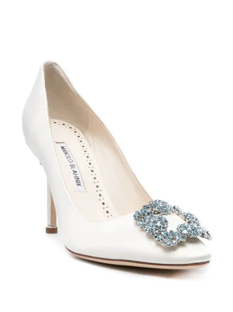 Manolo Blahnik Hangisi Bridal 90 satin jewel buckle pumps