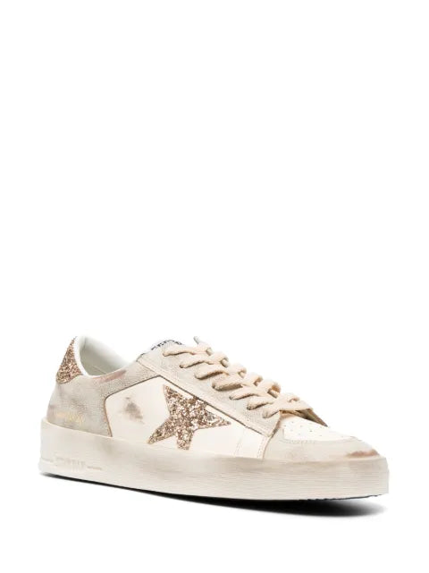 Golden Goose Stardan trainers in ecru nappa leather with gold glitter star and heels tab