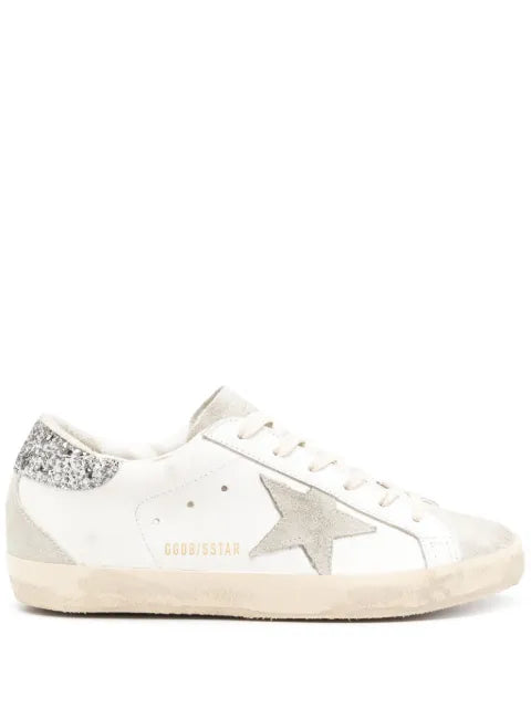 Golden Goose Super-Star trainers with gray star and silver glitter heels tab