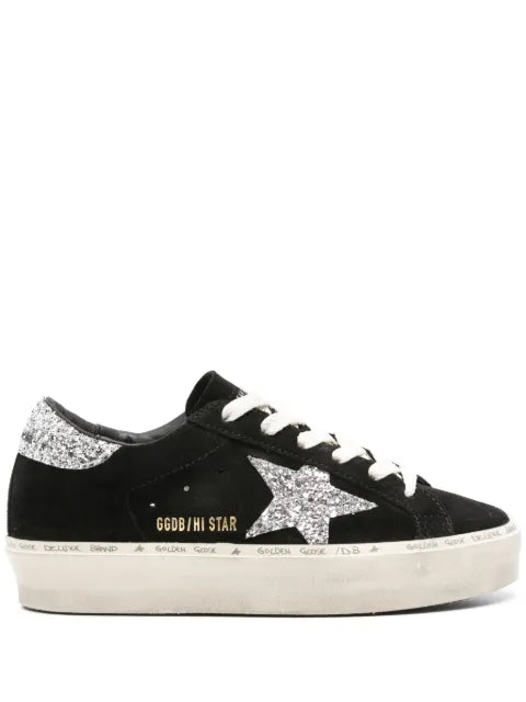 Golden Goose Hi Star in black suede with silver glitter star sneakers