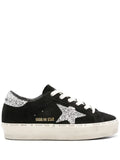 Golden Goose Hi Star in black suede with silver glitter star sneakers
