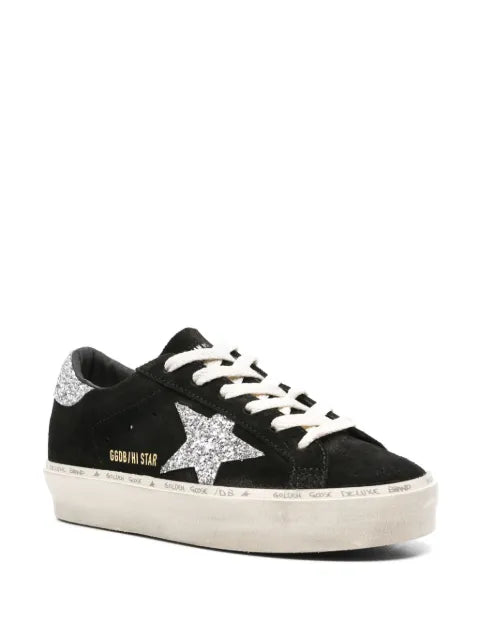 Golden Goose Hi Star in black suede with silver glitter star sneakers
