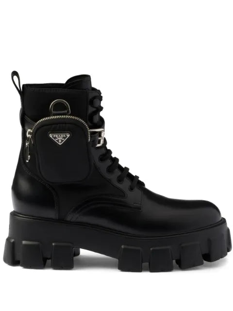 Prada Monolith leather and Re-nylon combat boots with pouch