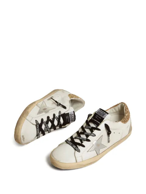 Golden Goose white leather Super-Star trainers with glittery heels tab