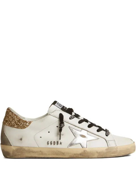 Golden Goose white leather Super-Star trainers with glittery heels tab