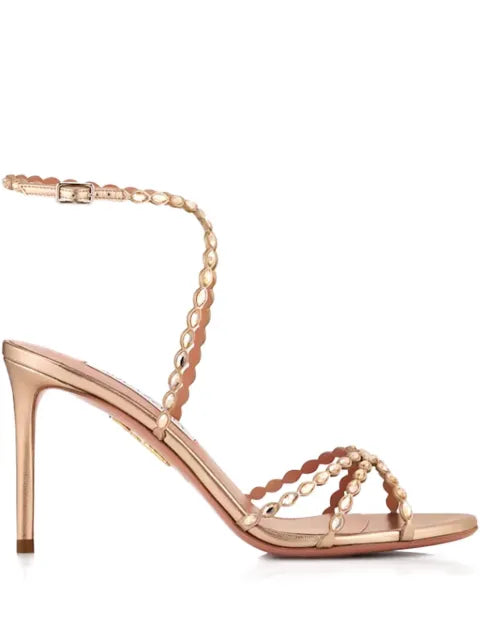 Aquazzura 85mm Love Struck scalloped strap metallic sandals
