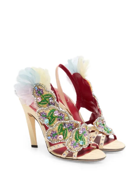 Valentino Garavani Dans Le Foyer sandals in moiré fabric with floral embroidery and feathers 105mm
