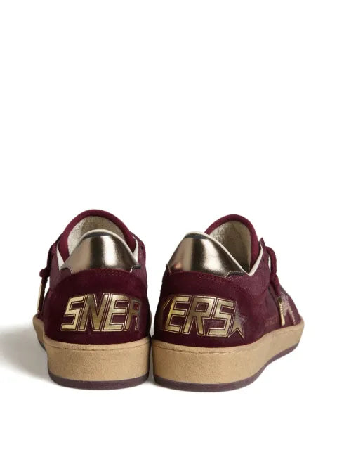 Golden Goose Ball Star trainers in burgundy suede with crystal star and metallic leather heels tab