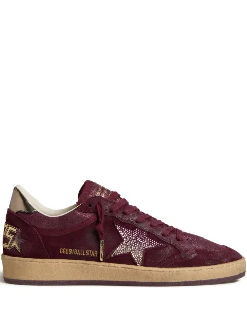 Golden Goose Ball Star trainers in burgundy suede with crystal star and metallic leather heels tab