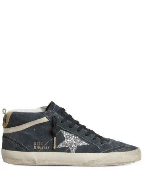 Golden Goose Mid Star in petrol-blue suede with silver glitter star and cotton flash sneakers