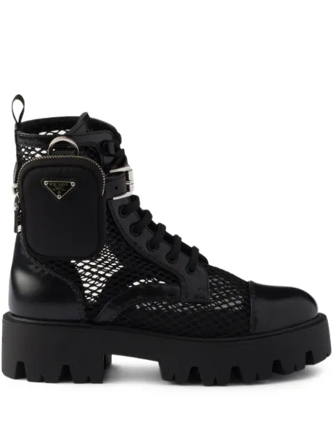 Prada mesh fabric and brushed leather booties with pouch