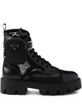 Prada mesh fabric and brushed leather booties with pouch