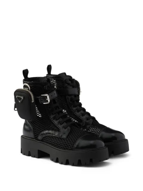 Prada mesh fabric and brushed leather booties with pouch