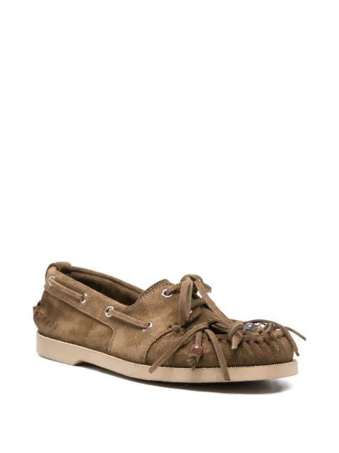 Golden Goose Cruise loafers in khaki suede with fringe and multicolored beads