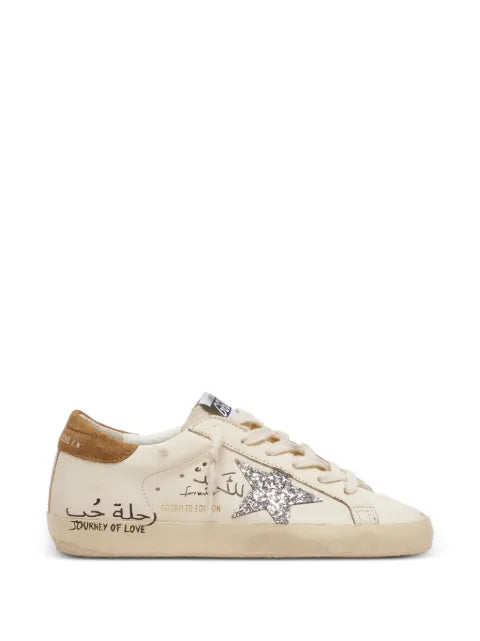 Golden Goose Super-Star in nappa with silver glitter star and all-over lettering sneakers