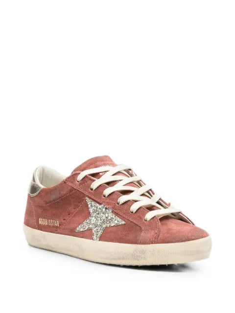 Golden Goose Super-Star LTD in red suede with silver glitter star and laminated leather heel tab sneakers