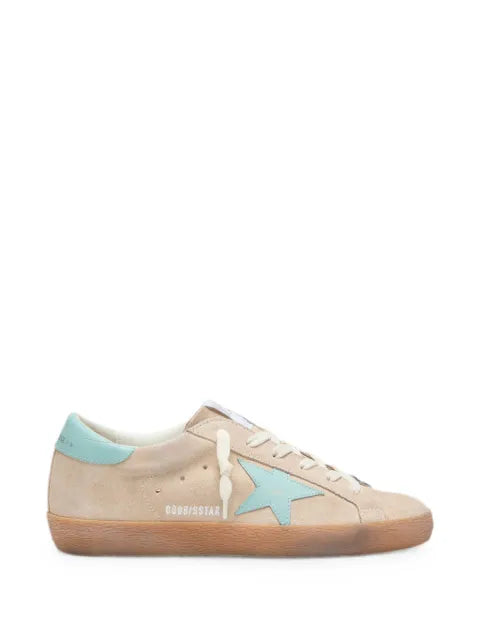 Golden Goose Super-Star in beige suede with aqua-green star sneakers