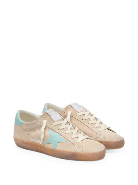 Golden Goose Super-Star in beige suede with aqua-green star sneakers