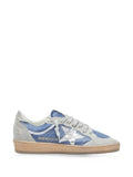 Golden Goose Ball Star in denim-blue nylon with light gray suede inserts and metallic silver leather star sneakers