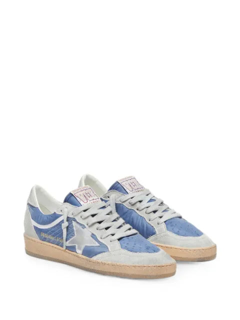 Golden Goose Ball Star in denim-blue nylon with light gray suede inserts and metallic silver leather star sneakers