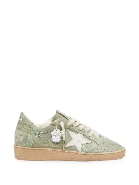 Golden Goose Ball Star in sage-green suede with white leather star and tone-on-tone Swarovski floral embroidery sneakers