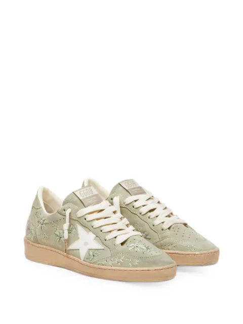 Golden Goose Ball Star in sage-green suede with white leather star and tone-on-tone Swarovski floral embroidery sneakers