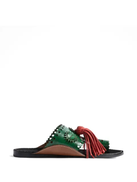 La DoubleJ solid dark green in leather with tassels Sandy slides