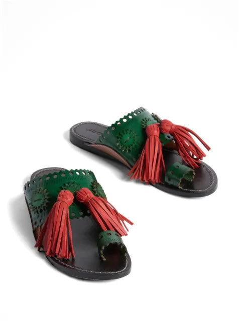 La DoubleJ solid dark green in leather with tassels Sandy slides