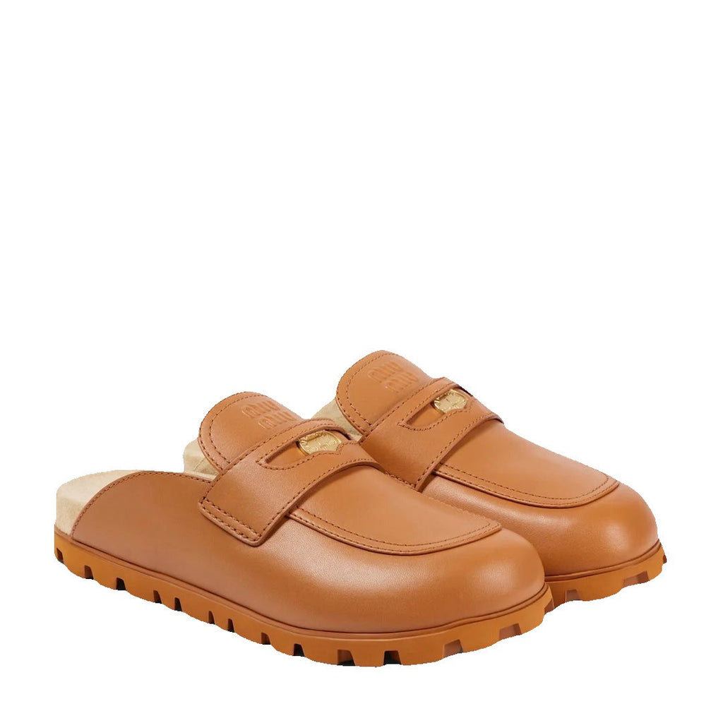 Miu Miu Bos Taurus Calf Leather Mules - Brown/Tan