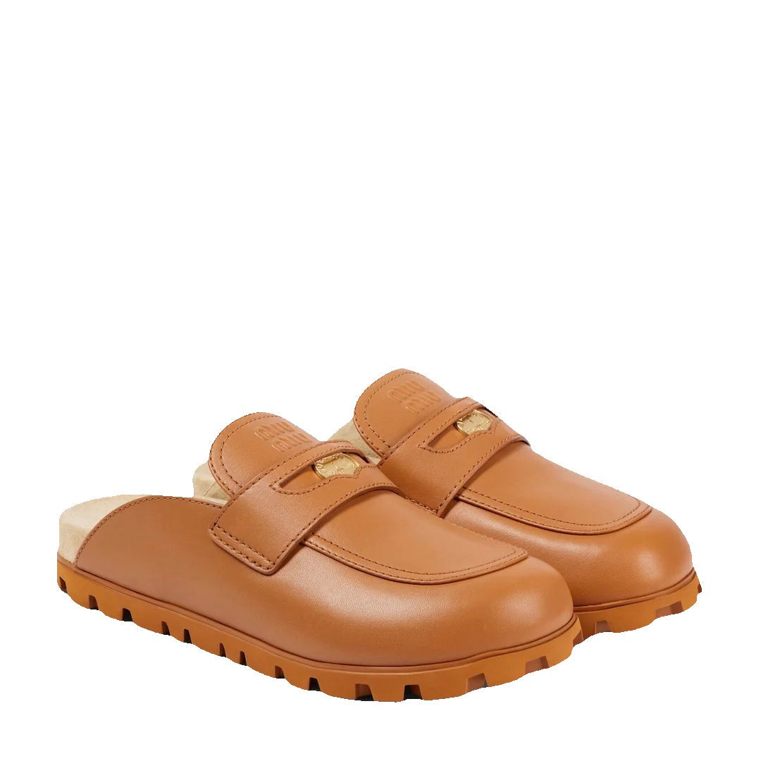 Miu Miu Foule Leather Mules - Tan/Brown