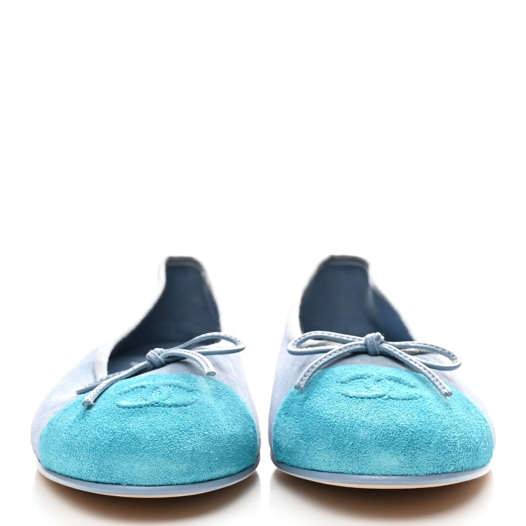 CHANEL SUEDE CAP TOE CC BALLERINA FLAT LIGHT BLUE TURQUOISE