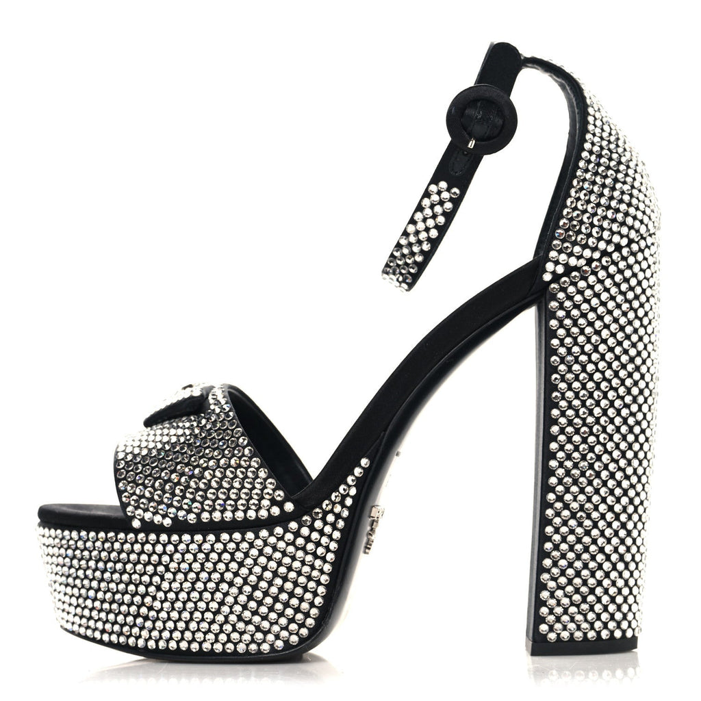 PRADA SATIN CRYSTAL TRIANGLE LOGO PLATFORM SANDALS CRISTAL YELLOW