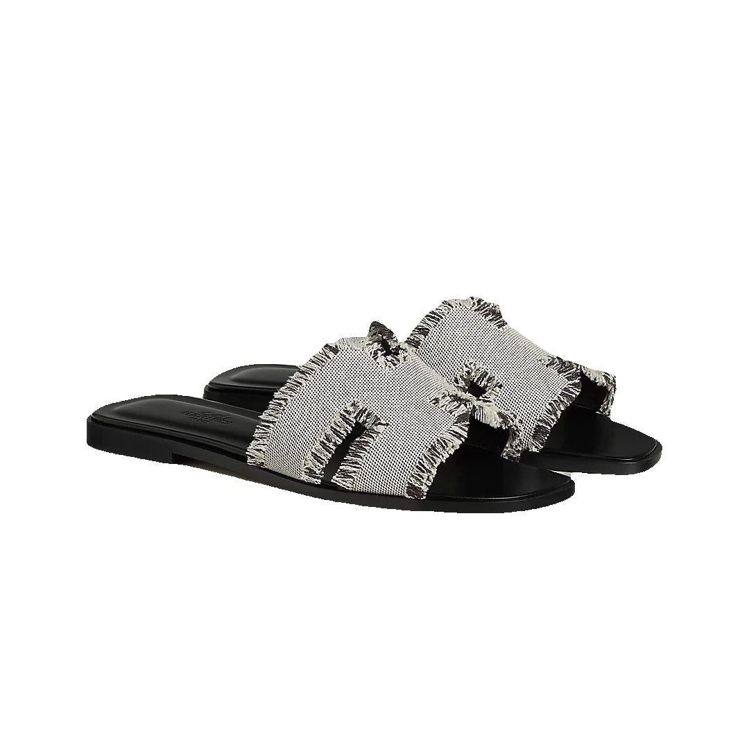 Hermès Oran Sandal Blue - Black/White Canvas