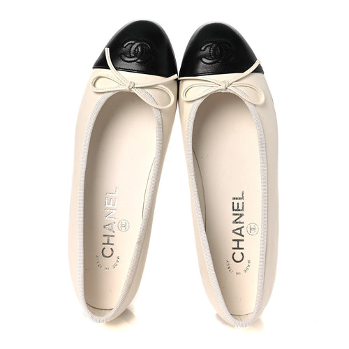 CHANEL LAMBSKIN CAP TOE CC BALLERINA FLAT BEIGE BLACK