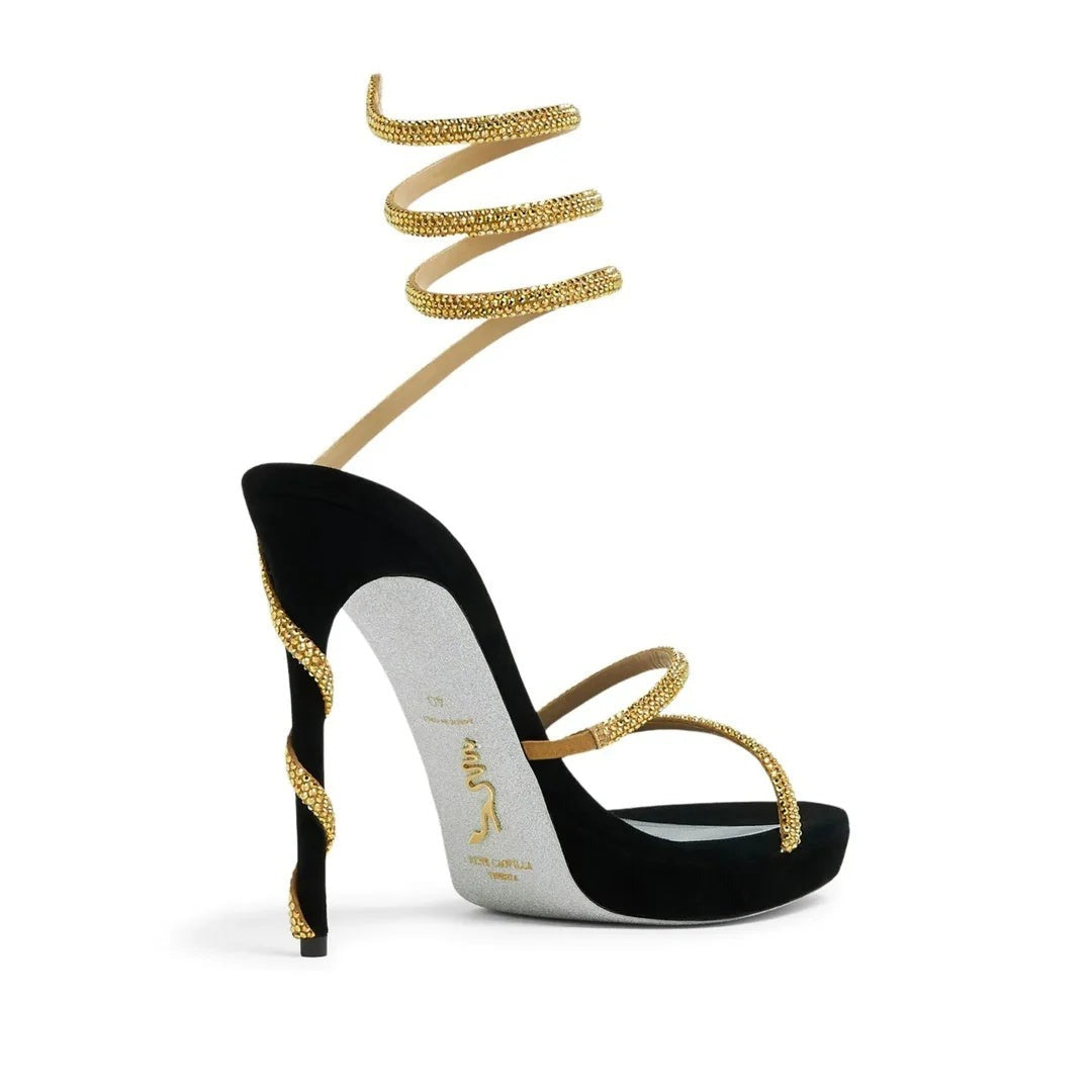 René Caovilla 100mm Jolene Sandal - Black/Gold