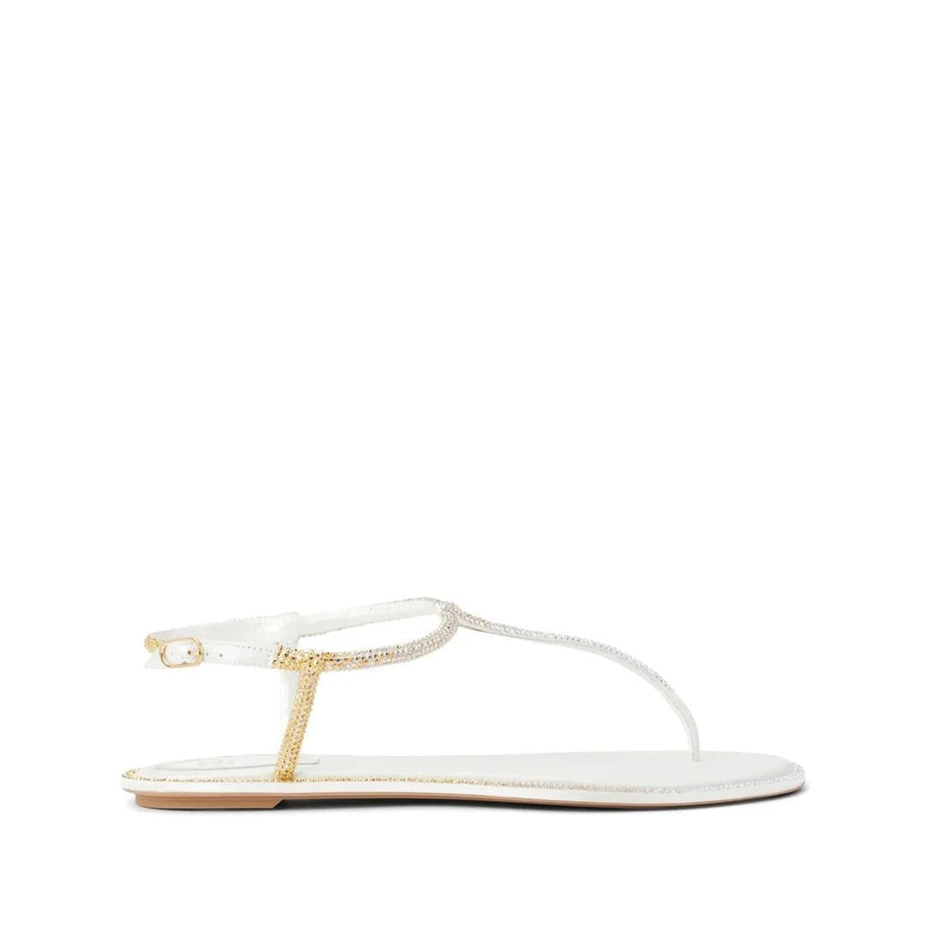 René Caovilla Diana 10 Crystal Flat Sandal - White/Gold